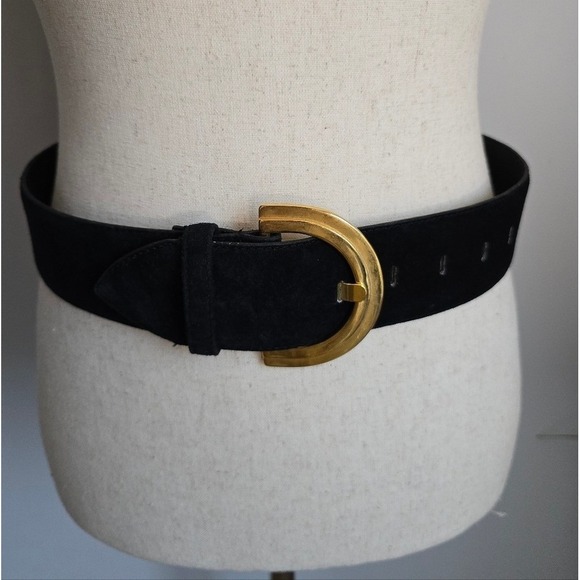 Motion East Black Suede Leather Gold Buckle 80s Glam Wide Statement Belt Medium main image 6